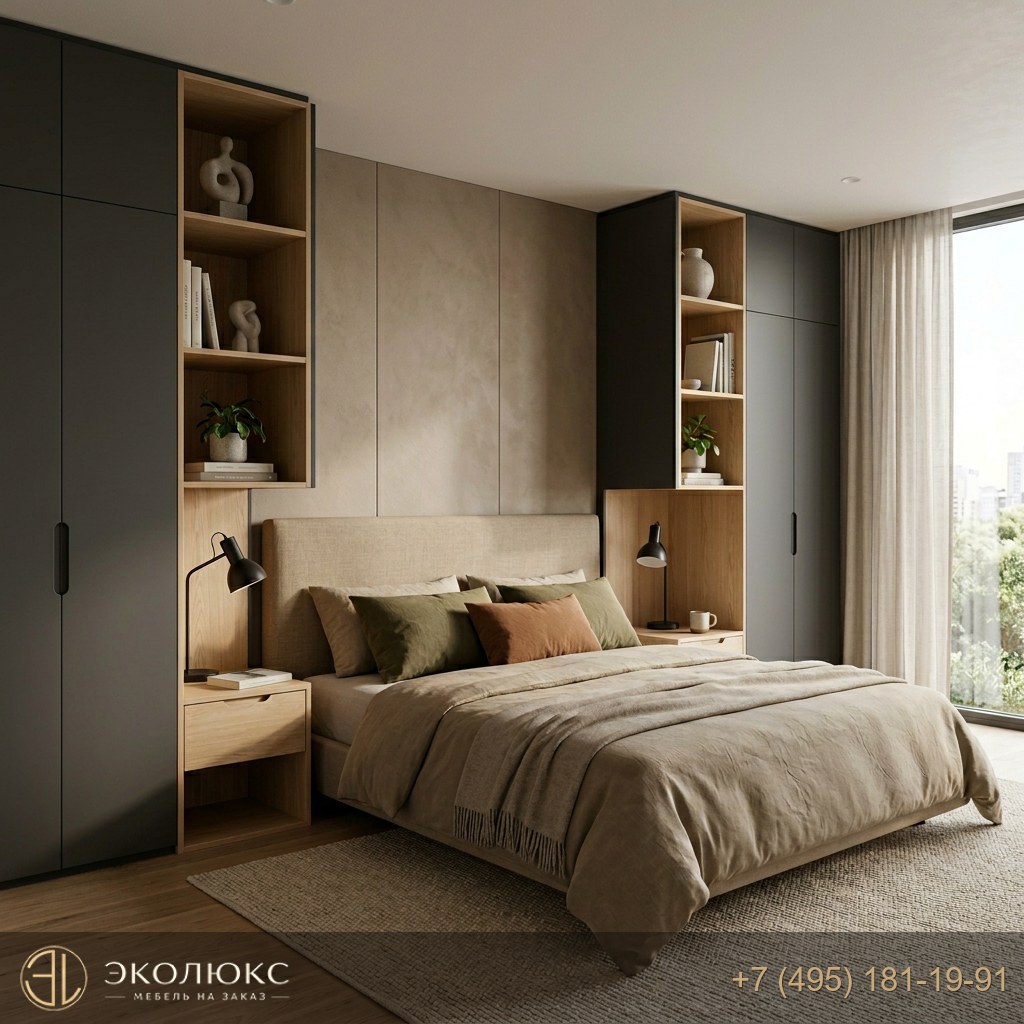 Современная спальня с гардеробом и панелями