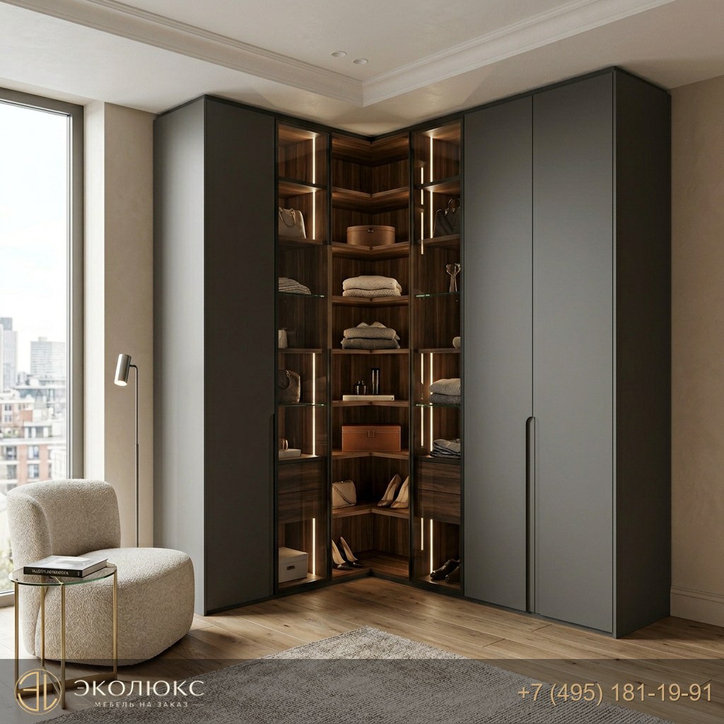 Г-образный шкаф до потолка с LED